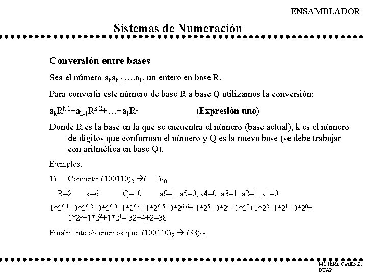 ENSAMBLADOR Sistemas de Numeración Conversión entre bases Sea el número akak-1…. a 1, un