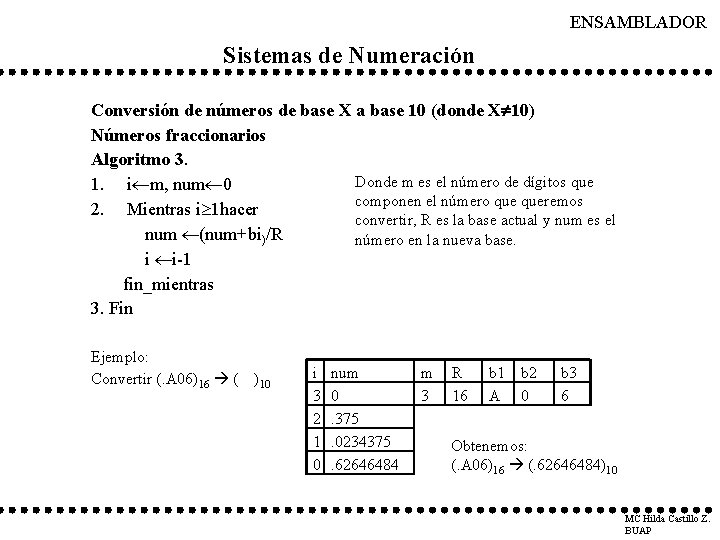 ENSAMBLADOR Sistemas de Numeración Conversión de números de base X a base 10 (donde