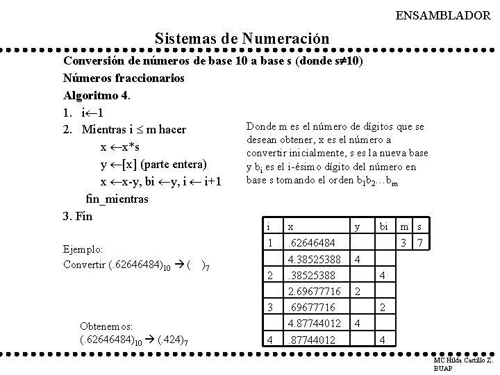 ENSAMBLADOR Sistemas de Numeración Conversión de números de base 10 a base s (donde