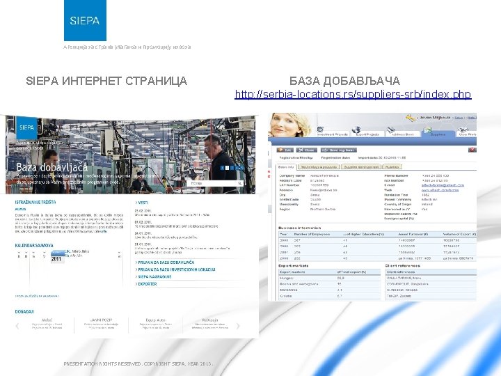 Агенција за страна улагања и промоцију извоза SIEPA ИНТЕРНЕТ СТРАНИЦА PRESENTATION RIGHTS RESERVED. COPYRIGHT