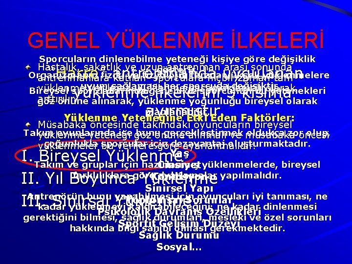 GENEL YÜKLENME İLKELERİ Sporcuların dinlenebilme yeteneği kişiye göre değişiklik Hastalık, sakatlık ve uzun antrenman GENEL YÜKLENME İLKELERİ Sporcuların dinlenebilme yeteneği kişiye göre değişiklik Hastalık, sakatlık ve uzun antrenman