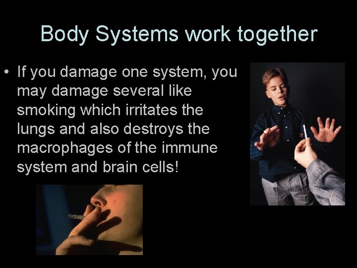 Body Systems work together • If you damage one system, you may damage several