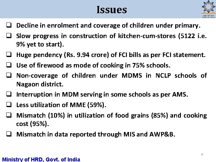 Issues q Decline in enrolment and coverage of children under primary. q Slow progress