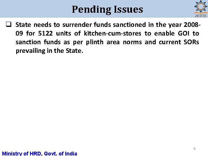 Pending Issues q State needs to surrender funds sanctioned in the year 200809 for