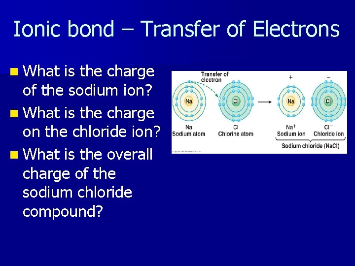 Ionic bond – Transfer of Electrons n What is the charge of the sodium
