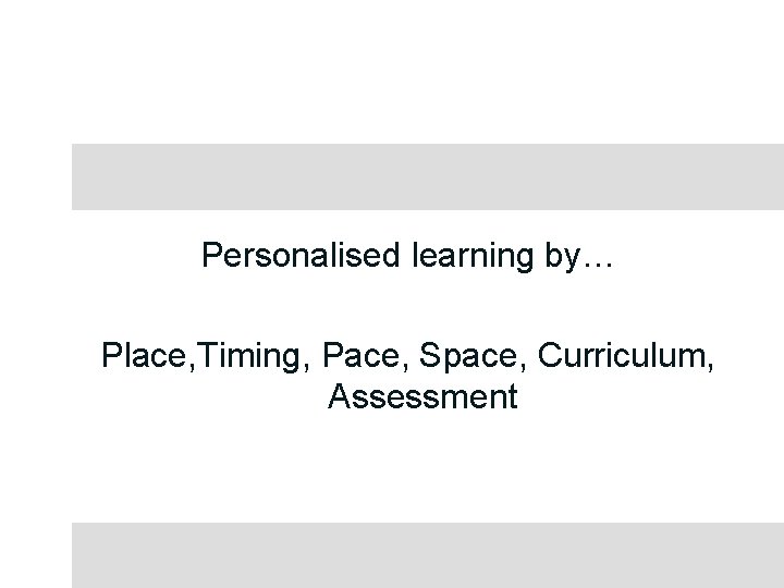 Personalised learning by… Place, Timing, Pace, Space, Curriculum, Assessment 
