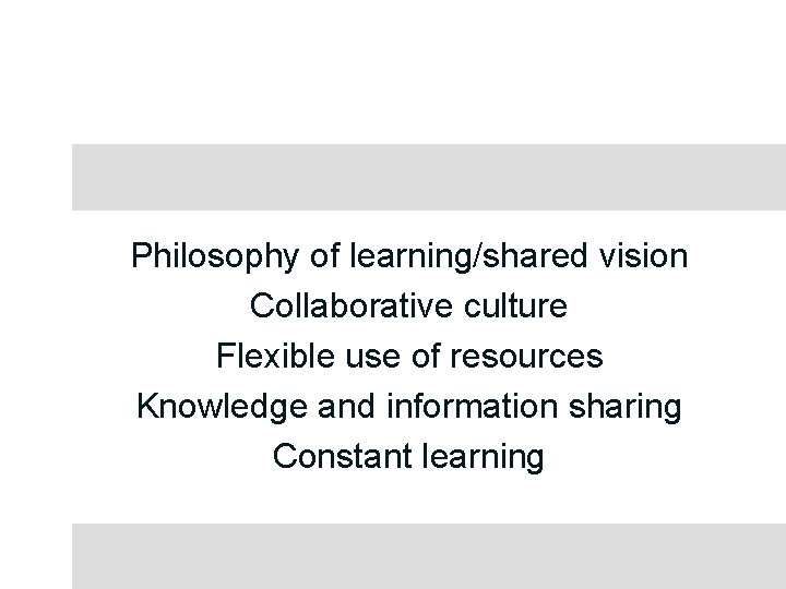 Philosophy of learning/shared vision Collaborative culture Flexible use of resources Knowledge and information sharing