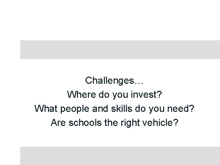 Challenges… Where do you invest? What people and skills do you need? Are schools