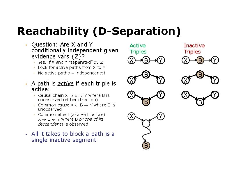 Reachability (D-Separation) • Question: Are X and Y conditionally independent given evidence vars {Z}?