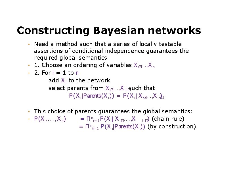 Constructing Bayesian networks Need a method such that a series of locally testable assertions