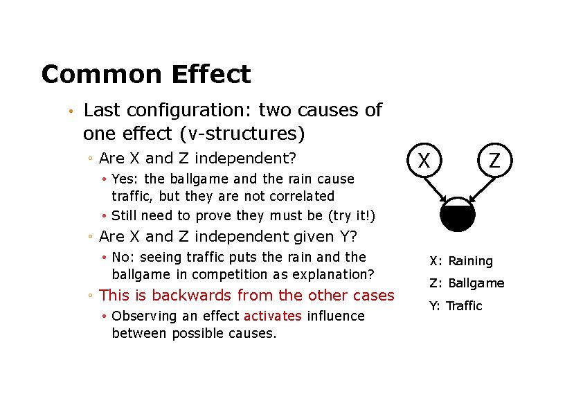 Common Effect • Last configuration: two causes of one effect (v-structures) ◦ Are X