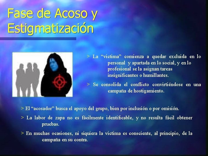 Fase de Acoso y Estigmatización > La “victima” comienza a quedar excluida en lo