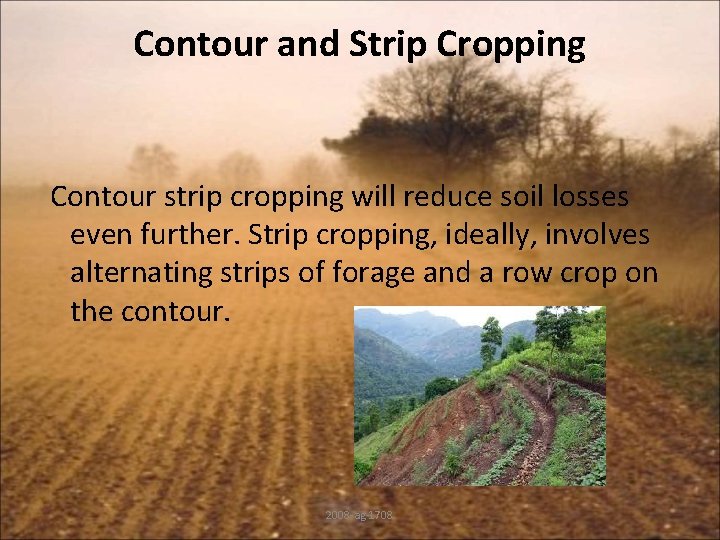 Contour and Strip Cropping Contour strip cropping will reduce soil losses even further. Strip