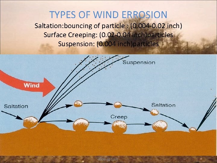 TYPES OF WIND ERROSION Saltation: bouncing of particle : (0. 004 -0. 02 inch)