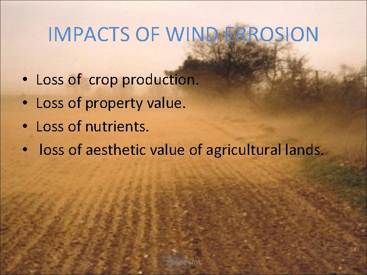 IMPACTS OF WIND ERROSION • • Loss of crop production. Loss of property value.