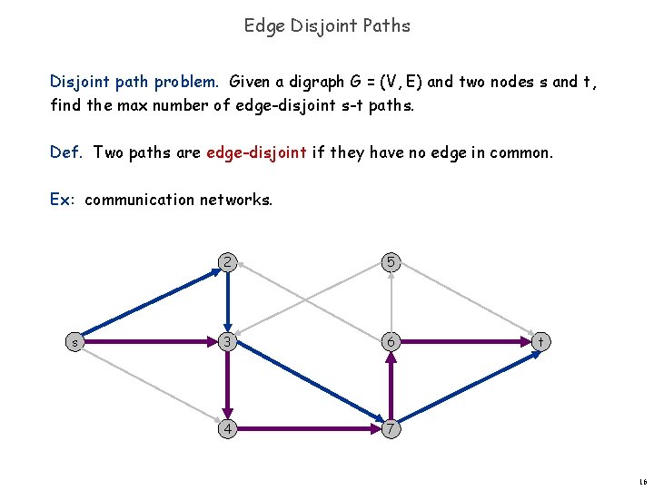 Edge Disjoint Paths Disjoint path problem. Given a digraph G = (V, E) and