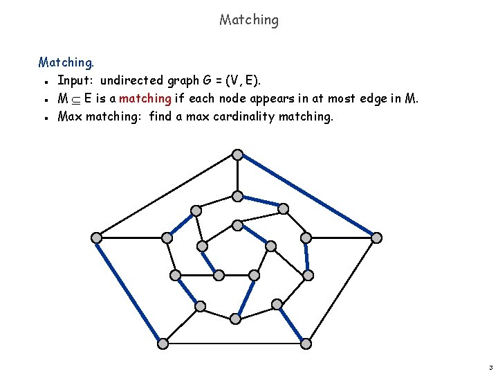 Matching. Input: undirected graph G = (V, E). M E is a matching if