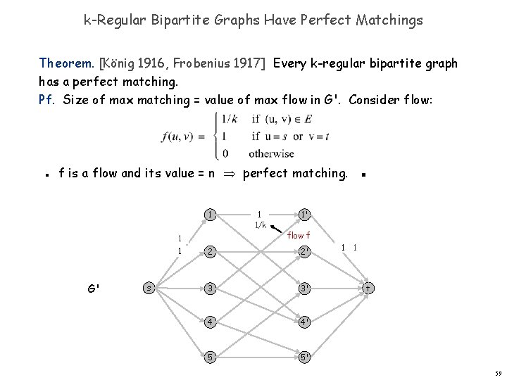 k-Regular Bipartite Graphs Have Perfect Matchings Theorem. [König 1916, Frobenius 1917] Every k-regular bipartite