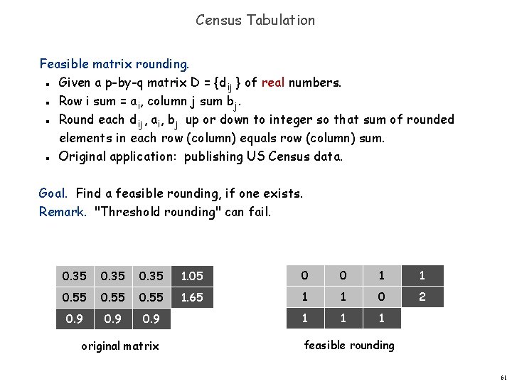 Census Tabulation Feasible matrix rounding. Given a p-by-q matrix D = {dij } of