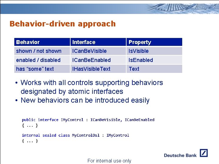 Behavior-driven approach Behavior Interface Property shown / not shown ICan. Be. Visible Is. Visible Behavior-driven approach Behavior Interface Property shown / not shown ICan. Be. Visible Is. Visible