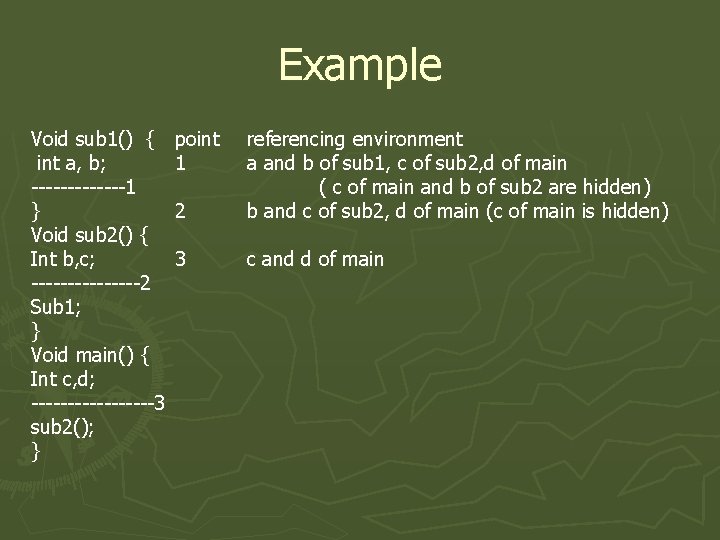 Example Void sub 1() { int a, b; -------1 } Void sub 2() {