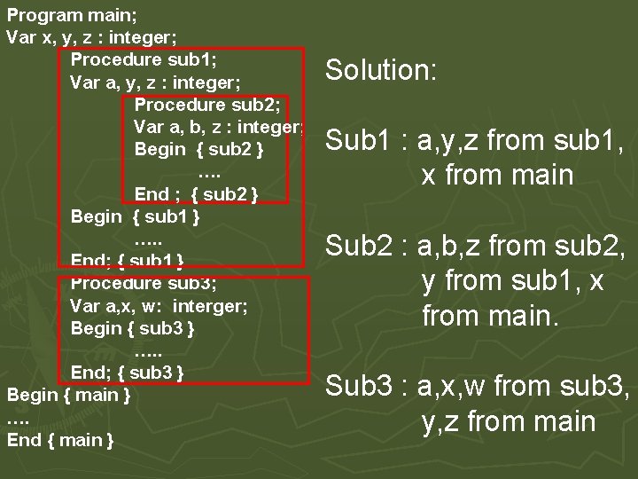 Program main; Var x, y, z : integer; Procedure sub 1; Var a, y,