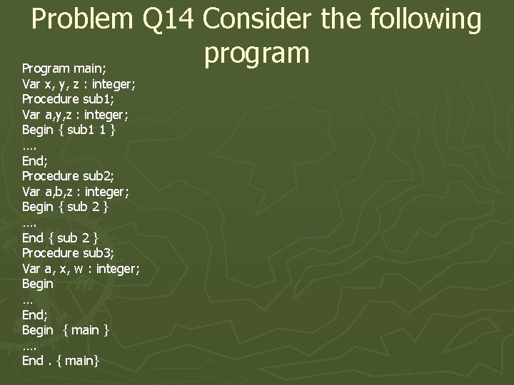 Problem Q 14 Consider the following program Program main; Var x, y, z :