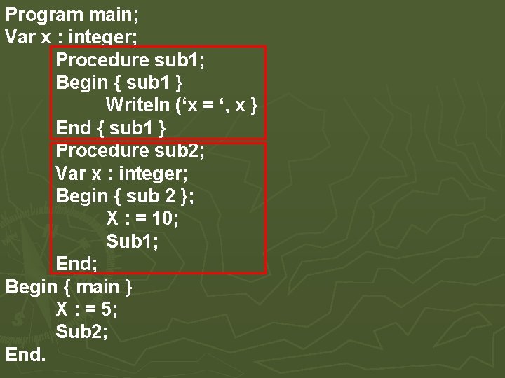 Program main; Var x : integer; Procedure sub 1; Begin { sub 1 }
