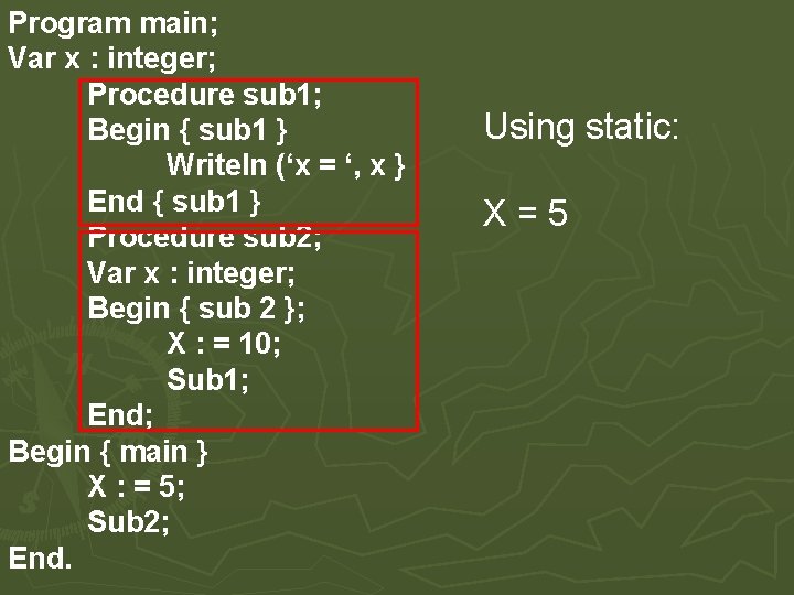 Program main; Var x : integer; Procedure sub 1; Begin { sub 1 }