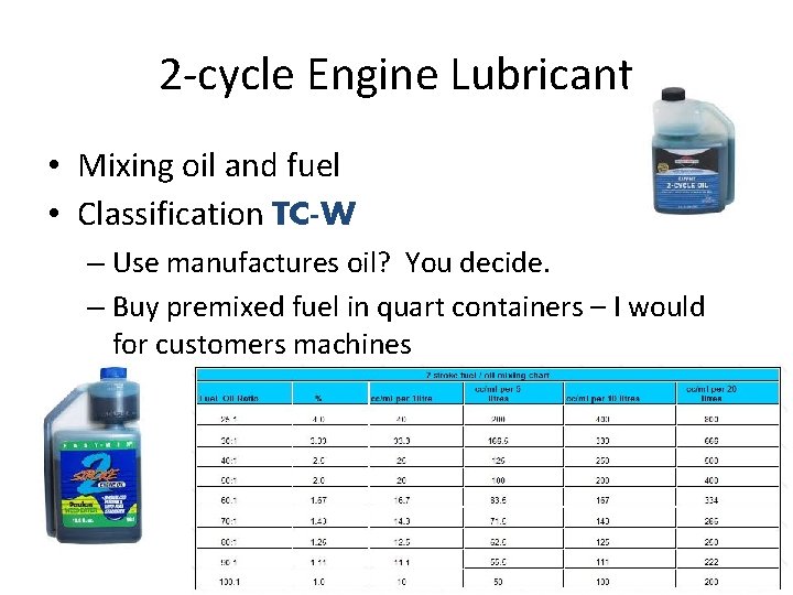 2 -cycle Engine Lubricant • Mixing oil and fuel • Classification TC-W – Use