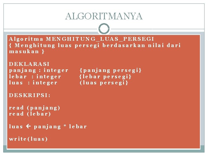 ALGORITMANYA Algoritma MENGHITUNG_LUAS_PERSEGI { Menghitung luas persegi berdasarkan nilai dari masukan } DEKLARASI panjang