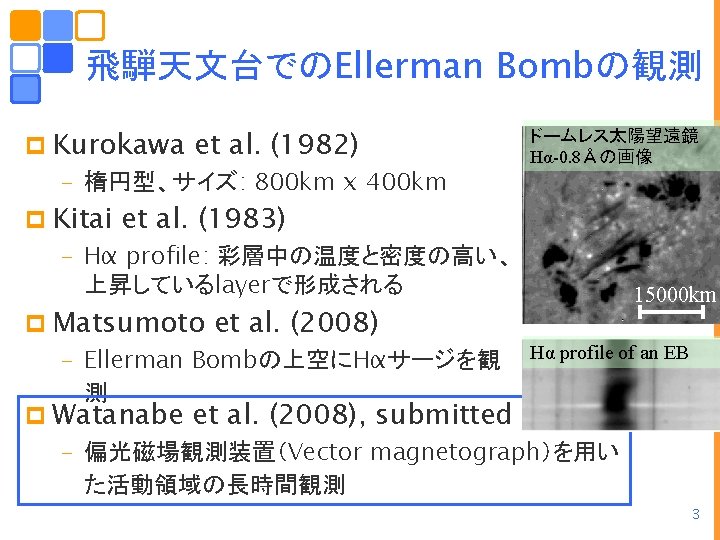 飛騨天文台でのEllerman Bombの観測 p Kurokawa et al. (1982) – 楕円型、サイズ: 800 km x 400 km