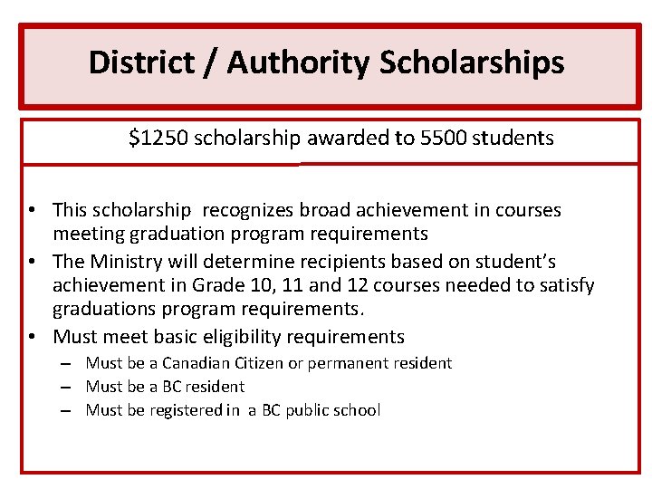 District / Authority Scholarships $1250 scholarship awarded to 5500 students • This scholarship recognizes