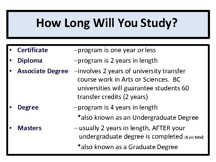 How Long Will You Study? –program is one year or less • Certificate –program