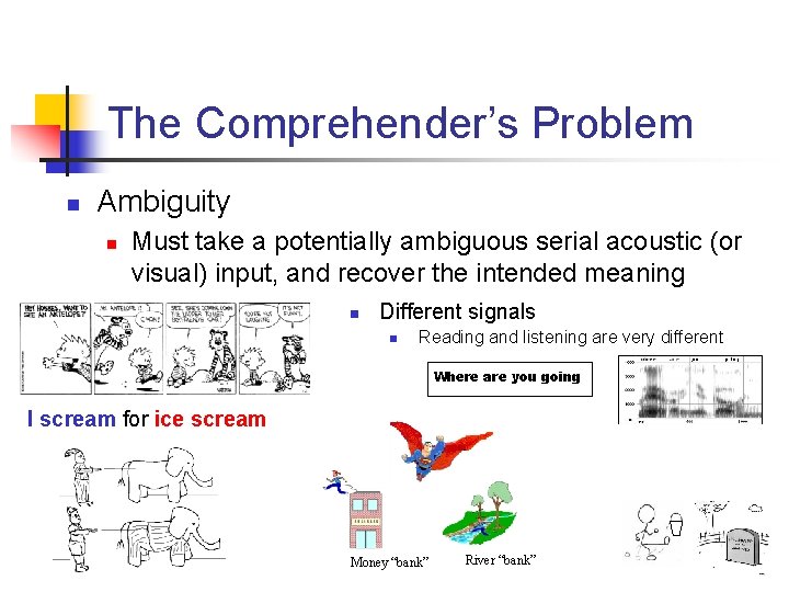 The Comprehender’s Problem n Ambiguity n Must take a potentially ambiguous serial acoustic (or