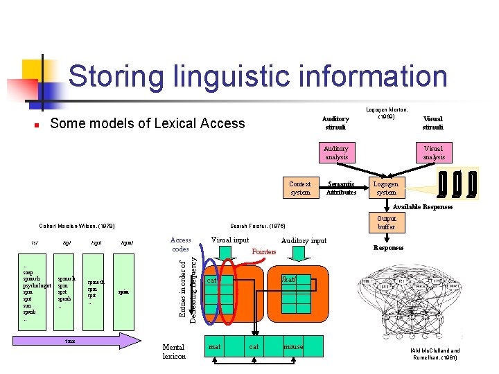 Storing linguistic information n Auditory stimuli Some models of Lexical Access Logogen Morton, (1969)