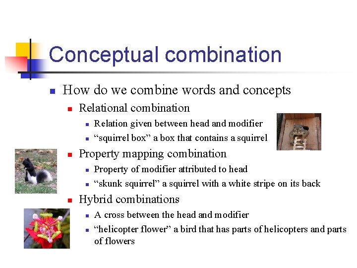 Conceptual combination n How do we combine words and concepts n Relational combination n