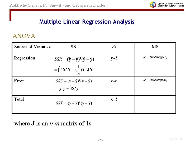 Praktische Statistik für Umwelt- und Geowissenschaftler Multiple Linear Regression Analysis ANOVA Source of Variance