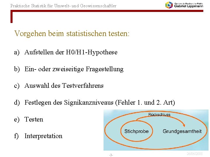 Praktische Statistik für Umwelt- und Geowissenschaftler Vorgehen beim statistischen testen: a) Aufstellen der H