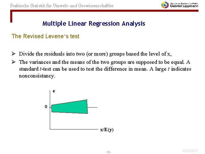 Praktische Statistik für Umwelt- und Geowissenschaftler Multiple Linear Regression Analysis The Revised Levene’s test