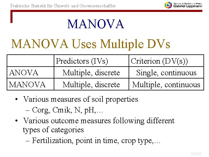Praktische Statistik für Umwelt- und Geowissenschaftler MANOVA Uses Multiple DVs ANOVA MANOVA Predictors (IVs)