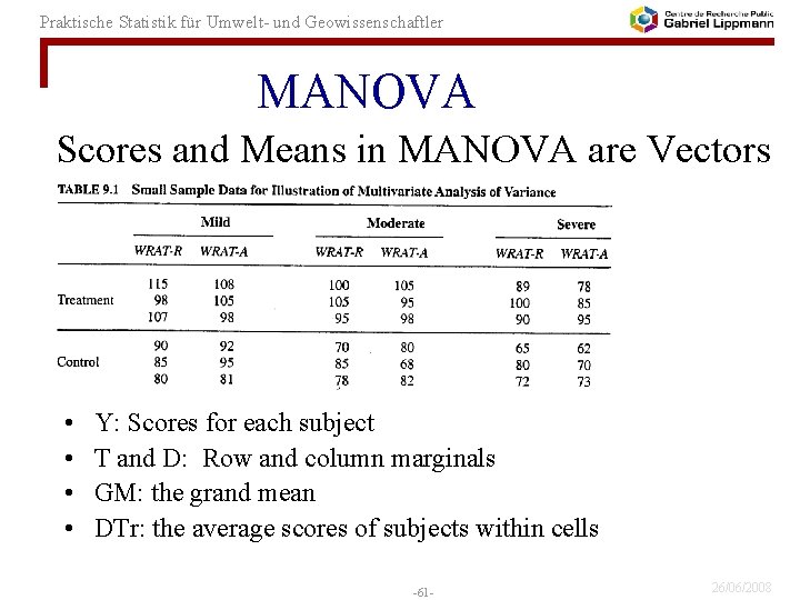 Praktische Statistik für Umwelt- und Geowissenschaftler MANOVA Scores and Means in MANOVA are Vectors