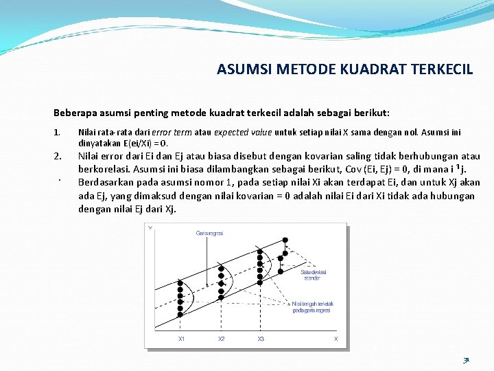 ASUMSI METODE KUADRAT TERKECIL Beberapa asumsi penting metode kuadrat terkecil adalah sebagai berikut: 1.