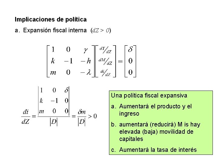 Implicaciones de política a. Expansión fiscal interna (d. Z > 0) Una política fiscal