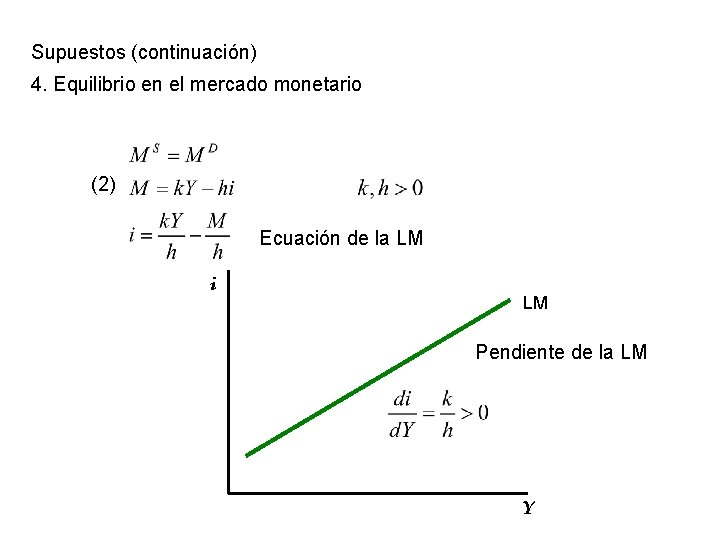 Supuestos (continuación) 4. Equilibrio en el mercado monetario (2) Ecuación de la LM i