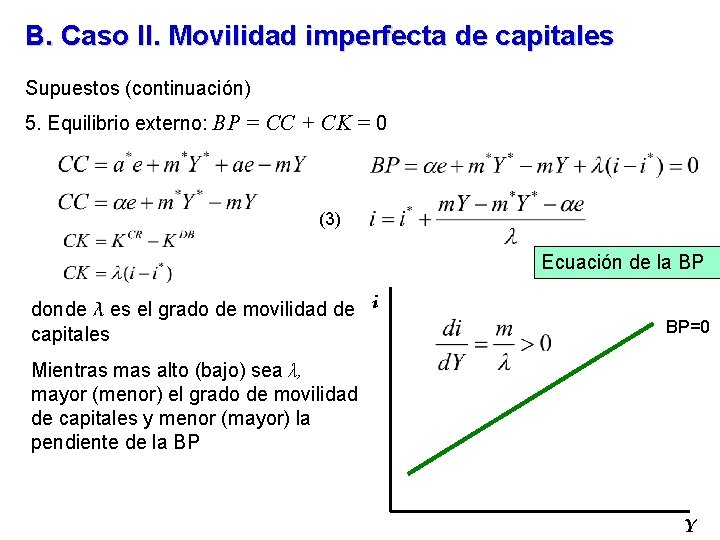 B. Caso II. Movilidad imperfecta de capitales Supuestos (continuación) 5. Equilibrio externo: BP =