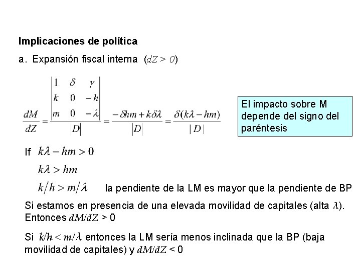 Implicaciones de política a. Expansión fiscal interna (d. Z > 0) El impacto sobre