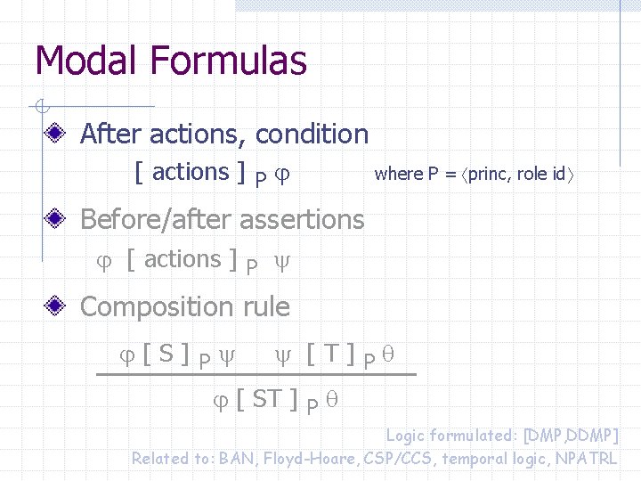 Modal Formulas After actions, condition [ actions ] P where P = princ, role