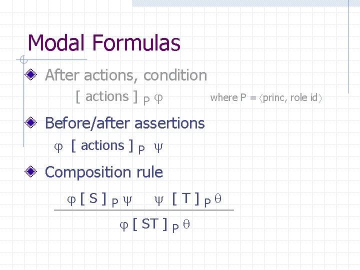 Modal Formulas After actions, condition [ actions ] P where P = princ, role