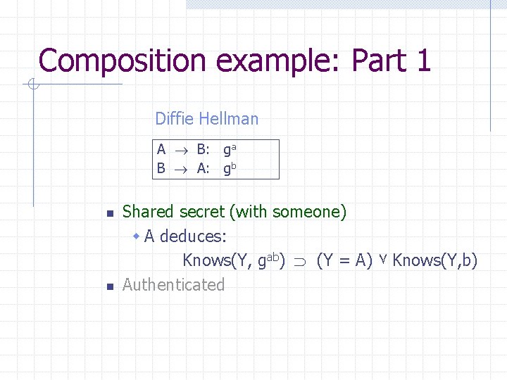 Composition example: Part 1 Diffie Hellman A B: ga B A: gb n n
